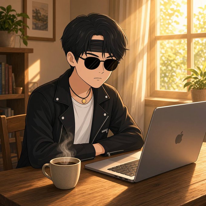 An anime-style illustration depicts a young man with sunglasses working on an Apple laptop at a wooden table with a steaming coffee mug.
