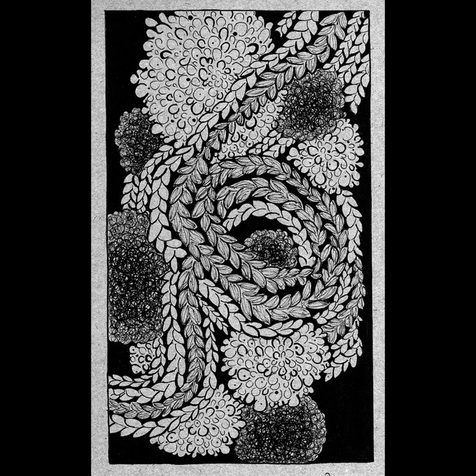 An intricate black and white ink illustration depicting a dense, swirling composition of leaves, floral clusters, and a stylized face in profile.