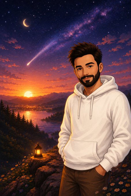 The image features a man wearing a white hoodie standing next to a cliff, with a beautiful sunset behind him. The sky is filled with stars, creating an enchanting atmosphere. In the background, there are trees that add to the serene ambiance of the scene. The caption reads "Good Evening CT A lot of people are still treating quantum computing like a distant concept", which seems to be related to the man and his surroundings in some way.