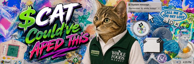 A vibrant, retro-style digital banner featuring a cat in a green 'Whole Foods Market' vest alongside the graffiti-style text '$CAT Could've APED THIS', set against a Windows 95 desktop background.