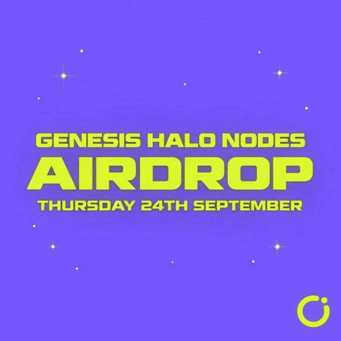 A purple promotional graphic with yellow text announcing the "GENESIS HALO NODES AIRDROP" on Thursday, 24th September, featuring a small logo in the bottom right corner. The visual reinforces the post's announcement of the upcoming airdrop date for Genesis Halo Nodes, with decorative star-like sparkles emphasizing the celebratory, drop-related theme.