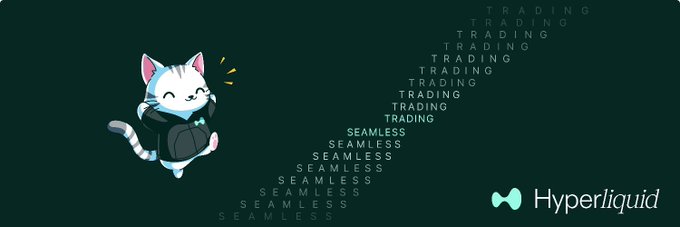 A cartoon cat mascot holding a black bag appears on the left against a dark background featuring the word "TRADING" repeated in a downward triangle pattern with "SEAMLESS" text, alongside the Hyperliquid logo and name on the bottom right, referencing the platform where the $PURR token launched.