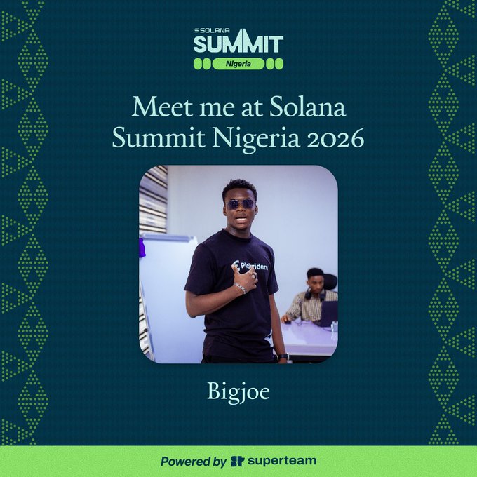 A promotional graphic for 'Solana Summit Nigeria 2026' featuring a photo of a man labeled 'Bigjoc' wearing a black t-shirt, set against a dark green patterned background.