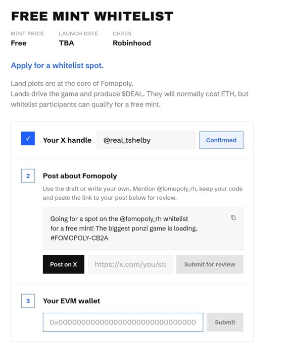 A webpage titled “FREE MINT WHITELIST” lists “MINT PRICE Free,” “LAUNCH DATE TBA,” and “CHAIN Robinhood,” then shows steps to apply, post about “Fomopoly” on X, and submit an EVM wallet.