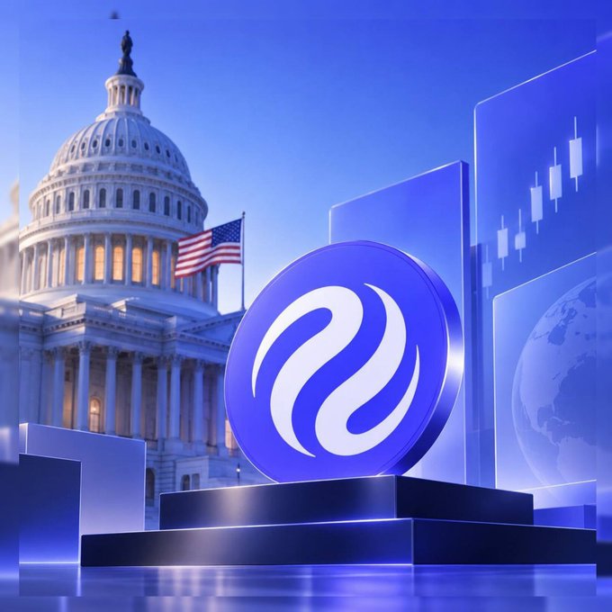 A digital illustration featuring the US Capitol building with an American flag, alongside a blue coin with a white wave-like logo, displayed against a blue background with financial chart panels.