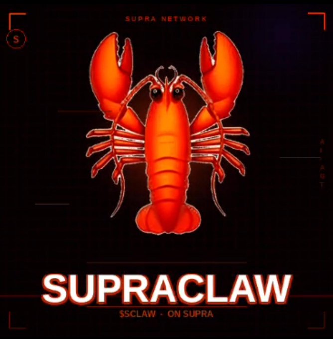 The image features a cartoon lobster with its claws open, sitting against a black background. The text "Supra EVM" is written above the lobster, indicating that the image is related to a post about Supra Law or a similar topic. The caption below the lobster reads "SCCLAW - On SUPRA", suggesting that this image might be part of a social media campaign or promotional material for Supra Law.