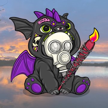 A dark cartoon illustration of a multi-eyed, bat-winged creature wearing a gas mask and holding a red torch by a body of water at sunset.