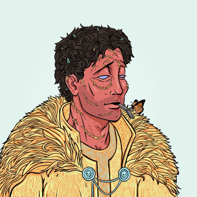 A stylized digital illustration of a man with curly dark hair, facial scarring or markings, wearing a gold feathered collar and gold clasps, with a butterfly and cigarette near his face.