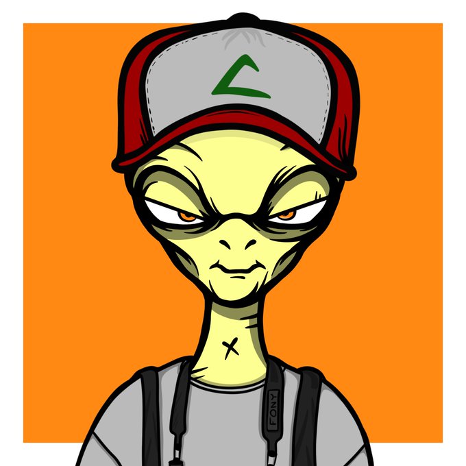A cartoon illustration of a yellow-green alien-like character with an angry expression, wearing a red and white trucker hat with a green triangle logo and a camera strap labeled 'SONY', against an orange background.