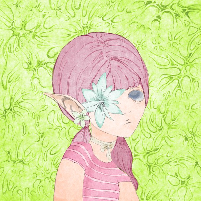 An anime-style illustration shows a girl with pink hair, elf-like pointed ears, and a large blue flower covering one eye, wearing a pink striped shirt against a swirling green patterned background.
