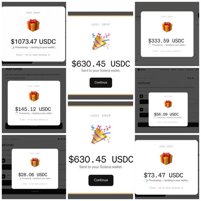 A collage of screenshots showing various USDC cryptocurrency drops ranging from $28.06 to $1,073.47 being processed and sent to a Solana wallet.