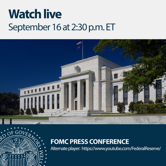 A promotional graphic from the Federal Reserve announces a live FOMC Press Conference on September 16 at 2:30 p.m. ET, featuring an image of the Federal Reserve building in Washington, D.C., with an alternate YouTube viewing link. The post's dramatic warning about impending market collapse alludes to the high-stakes interest rate decision and policy announcement that Fed Chair Jerome Powell will reveal during this closely watched event, often triggering significant market volatility.