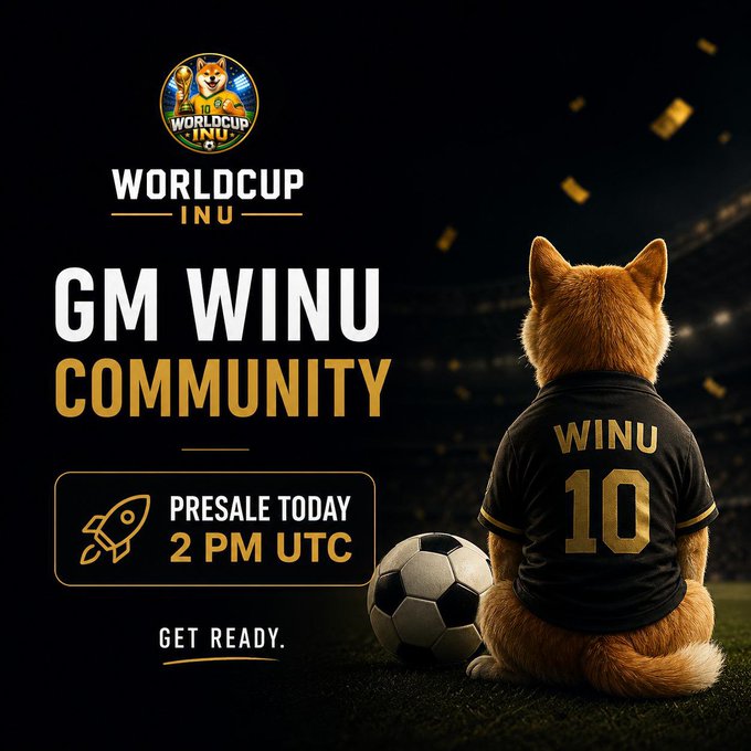 The image features a brown dog wearing a black and gold soccer jersey, sitting on a grassy field with a soccer ball nearby. The background of the image shows a stadium filled with people watching a soccer game. The caption for the image reads "WorldCupInuBSC The project is currently sitting at Trend #1 and momentum is building fast." This suggests that the dog's soccer jersey has caught the attention of fans, possibly due to its unique design or the presence of a popular soccer player on it.