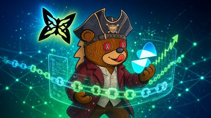 Digital artwork featuring a pirate bear in a captain's hat holding an Ethereum symbol, alongside a butterfly logo and blockchain graphics.
