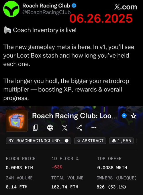 The image features the page of Roach Racing Club's Twitter account, which has a post regarding the club's new gameplay beta release for the Loot Box system. The post includes a screenshot of the game's progress bar indicating that the team is making steady progress and there are currently 0.64 ether tokens in circulation. 

The post also announces that the beta rewards have been rolled out, and a premium offer awaits if members decide to wait longer than two years for rewards based on their token balance, offering them additional money beyond what's already available via the Loot Box system. The community has been waiting patiently while the team keeps delaying the release of these rewards, showing that they value their member's patience and dedication in this beta version.
