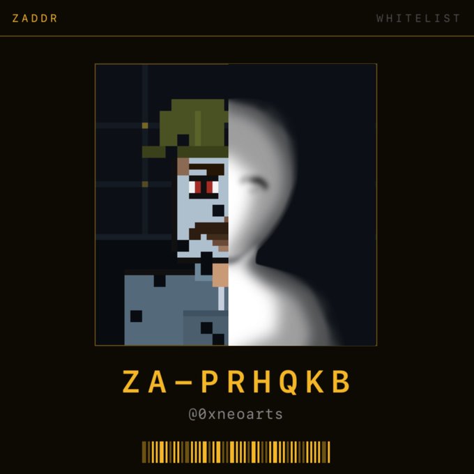 A digital art card labeled 'ZADDR WHITELIST' with the code 'ZA-PRHQKB' and '@0xneoarts' shows a split portrait of a Minecraft-style soldier and a white mannequin head.