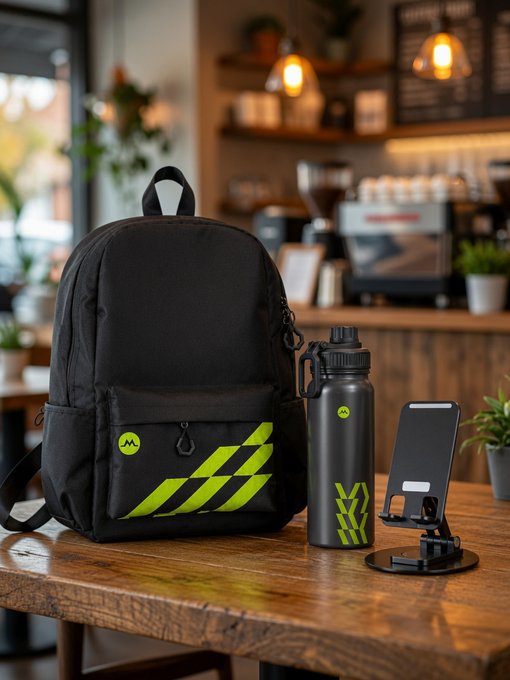 A black backpack with neon green stripes, a matching water bottle, and a phone stand displayed on a wooden table in a warmly lit café setting.