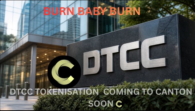 A promotional graphic showing the DTCC logo outside a building with text 'BURN BABY BURN' at the top and 'DTCC TOKENISATION COMING TO CANTON SOON C' at the bottom.