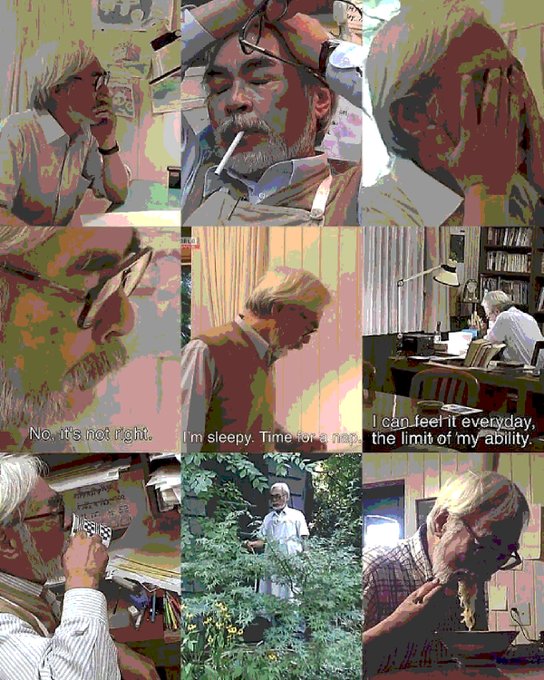 A collage of images showing an older man with a grey beard in various settings like smoking, reading, and gardening, with overlaid text including 'No, it's not right.', 'I'm sleepy. Time for a nap.', and 'I can feel it everyday, the limit of my ability.'