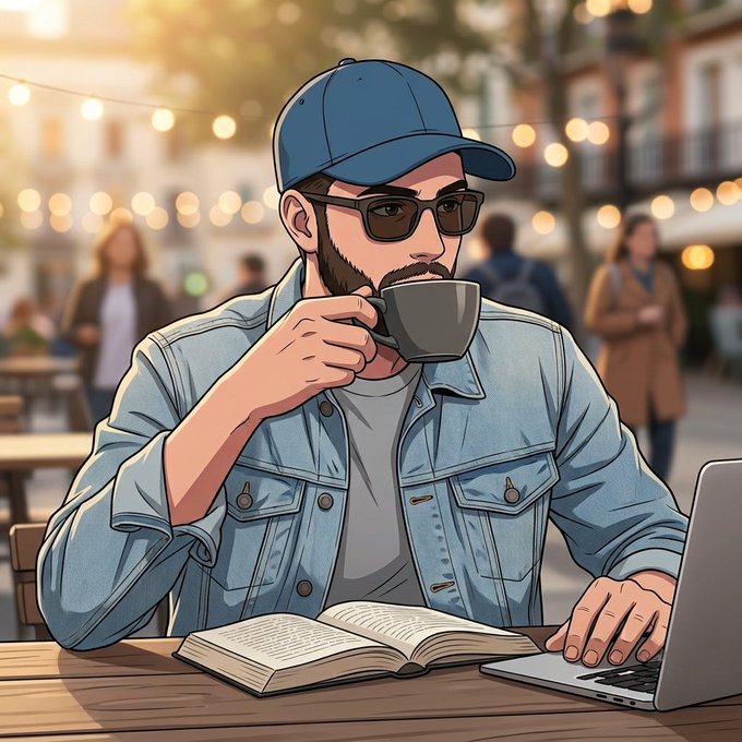 An animated-style illustration of a bearded man wearing a blue cap, sunglasses, and a denim jacket, sitting at an outdoor cafe table drinking coffee while working on a laptop with an open book in front of him.