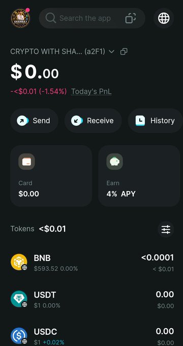 A screenshot of a crypto wallet app showing a balance of $0.00 with tokens including BNB ($593.52), USDT ($1), and USDC ($1) listed.