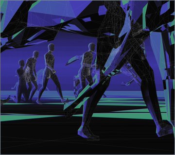 A stylized digital artwork shows silhouetted figures walking against a vivid blue and green background with geometric shapes.