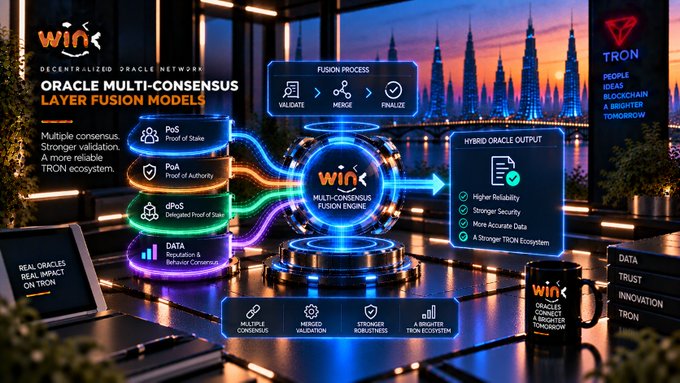 A promotional graphic for WINk's Oracle Multi-Consensus Layer Fusion Models, showing PoS, PoA, and dPoS consensus mechanisms feeding into a Fusion Process with Validate, Merge, and Finalize stages, set against a city skyline with TRON branding.