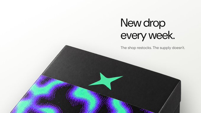 The image shows a sleek black box featuring a vibrant holographic, wave-patterned design in shades of purple, blue, and teal, adorned with a small green star, accompanied by text reading "New drop every week. The shop restocks. The supply doesn't," which relates to the accompanying post as a tease of a limited-edition mystery box or collectible drop launching on the Solana blockchain, emphasizing scarcity and frequent new releases for crypto enthusiasts.