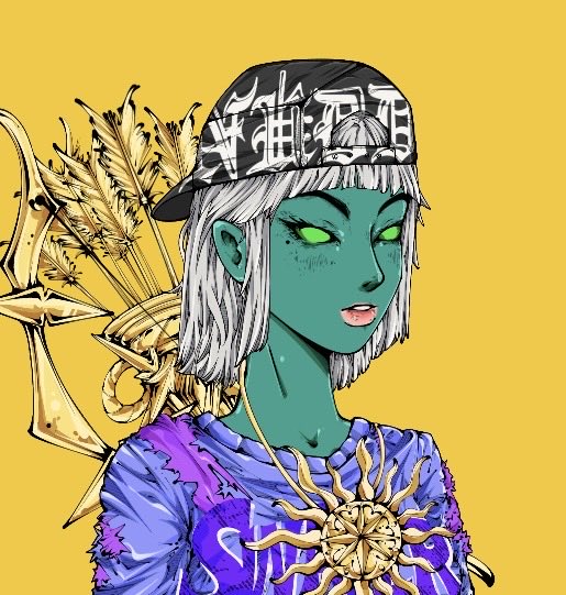 A stylized illustration of a green-skinned, elf-like character with white hair wearing a black cap, purple shirt, and a large sun pendant, set against a yellow background.