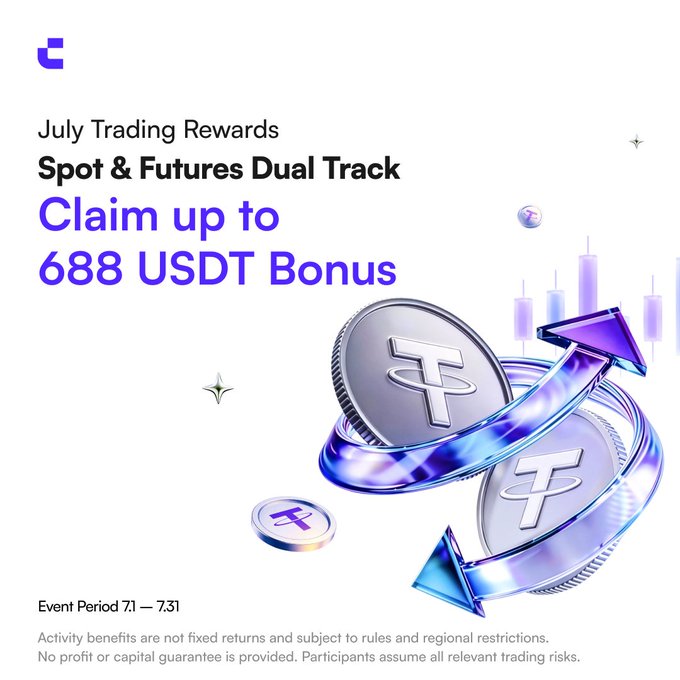 A promotional graphic for July Trading Rewards featuring a "Spot & Futures Dual Track" campaign where participants can claim up to 688 USDT bonus, with visuals of metallic USDT coins and upward arrows alongside candlestick charts. The offer breaks down into futures boost rewards up to 300 USDT and spot boost rewards up to 388 USDT during the event period of 7.1–7.31.