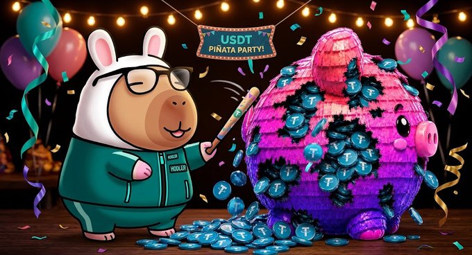 The image features a cartoon pig dressed in a green jacket holding a baseball bat over a pink and purple pinata filled with change. The scene takes place at an event or party where colorful balloons are floating around, adding to the festive atmosphere. A sign reading "USDT Pinto Party" is visible in the background, indicating that this image might be related to a USDT Pinto Party or similar gathering.