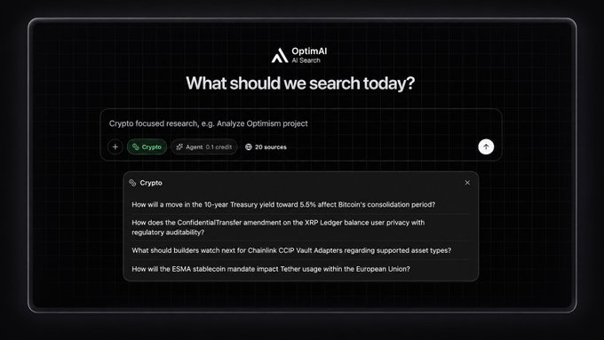 The image shows the OptimAI AI Search interface with the prompt "What should we search today?" and a "Crypto focused research" query example featuring the Agent G1 credit tag and 20 sources indicator, alongside suggested crypto research questions about Bitcoin's 10-year Treasury yield impact, XRP Ledger's ConfidentialTransfer amendment, Chainlink CCIP Vault Adapters, and Tether's ESMA stablecoin mandate compliance. This visual supports the post's message by demonstrating how OptimAI Search equips AI agents with live web research capabilities, particularly for crypto analysis, through accessible MCP/SDK integration and x402 payment functionality.