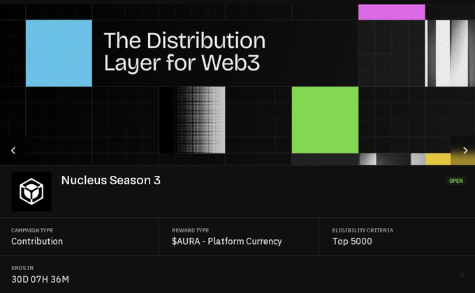 A webpage banner for 'The Distribution Layer for Web3' featuring a 'Nucleus Season 3' campaign with a contribution reward type of $AURA Platform Currency, eligibility for the top 5000, and a countdown ending in 30 days, 7 hours, and 36 minutes.