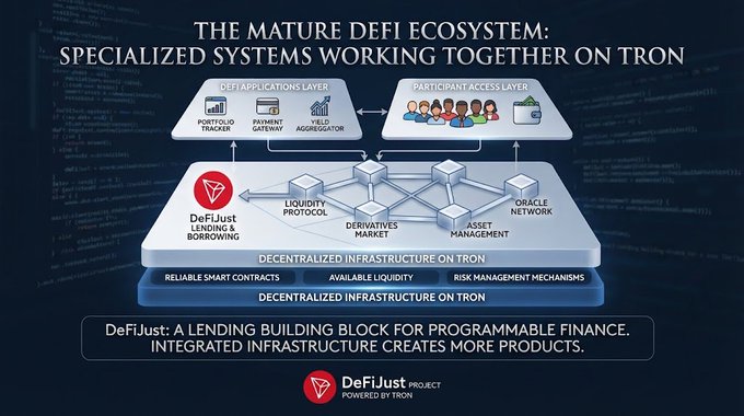 A diagram titled 'THE MATURE DeFi ECOSYSTEM: SPECIALIZED SYSTEMS WORKING TOGETHER ON TRON' illustrating DeFiJust's lending building block with layers for DeFi Applications, Participant Access, and decentralized infrastructure including Liquidity, Derivatives, Oracle, and Asset Management protocols.