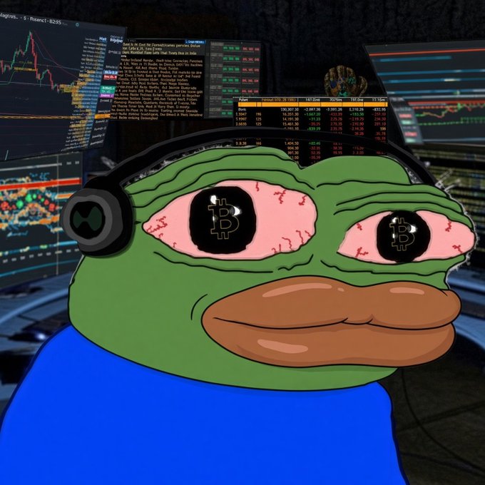 A Pepe the Frog cartoon with bloodshot Bitcoin-logo eyes wearing headphones stares intently at multiple cryptocurrency trading charts and order books.