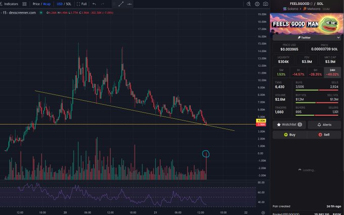 A cryptocurrency trading chart for FEELSGOODMAN/SOL on Raydium (dexscreener), showing price action with a descending trendline and trading volume at the bottom.