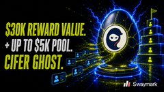 A 'CIFER GHOST' promotion by 'Swaymarket' offering a '$30K REWARD VALUE + UP TO $5K POOL' featuring a glowing skull in an ornate frame.