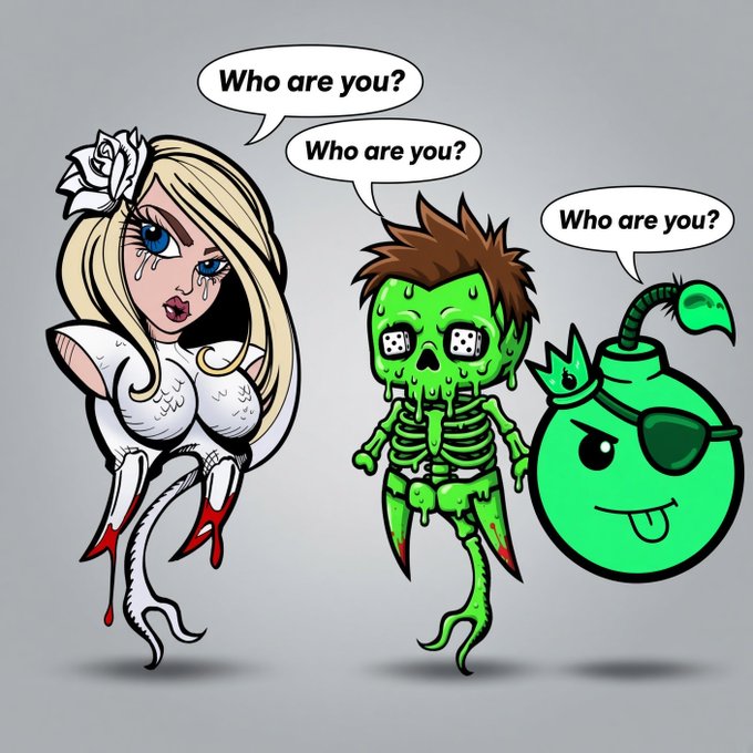 A cartoon illustration showing three characters—a crying woman with a rose in her hair, a green skeleton-like figure, and a green bomb character with an eyepatch—all asking 'Who are you?' in speech bubbles.