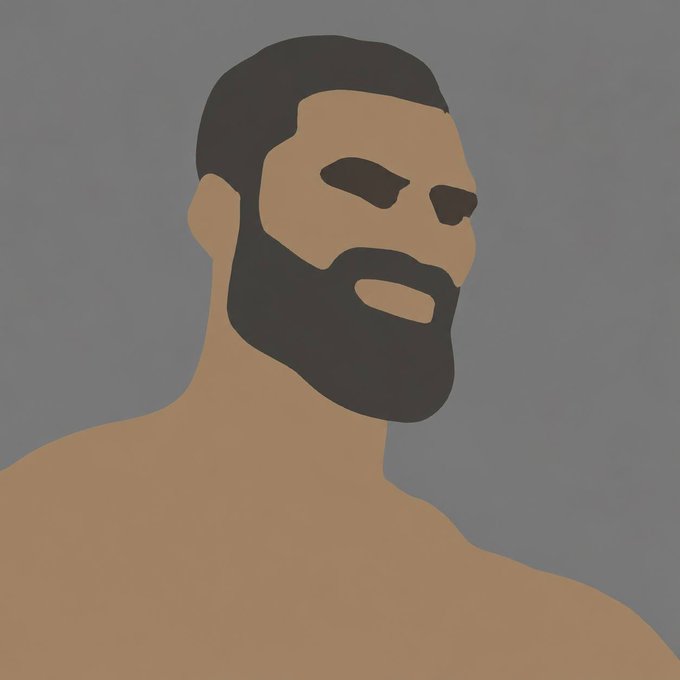A minimalist digital illustration of a bearded man with dark hair, depicted with simple flat colors against a gray background.
