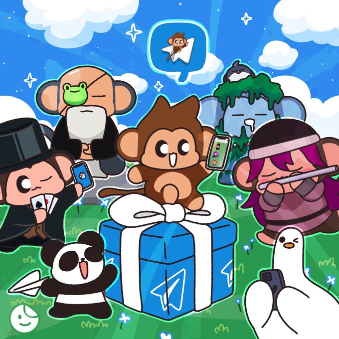 A colorful cartoon illustration featuring various chibi-style animal characters (monkey, panda, penguin, elephant, frog, bird) gathered around a blue gift box with the Telegram paper airplane logo, set against a bright blue sky with clouds.