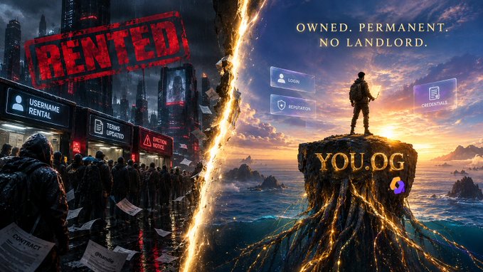 A split-concept digital artwork contrasts a dystopian 'RENTED' cityscape on the left with a utopian 'YOU.OG' scene on the right featuring the tagline 'OWNED. PERMANENT. NO LANDLORD' and icons for LOGIN, REPUTATION, and CREDENTIALS.