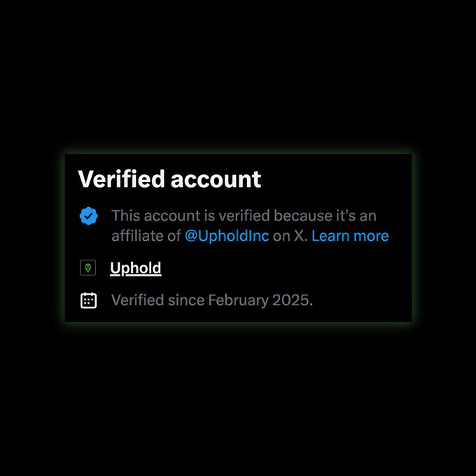 A "Verified account" badge from X (formerly Twitter) indicates the account is an official affiliate of @UpholdInc and has been verified since February 2025. This complements the post's advice to look for the official Uphold badge to avoid impersonator accounts offering fake customer support.