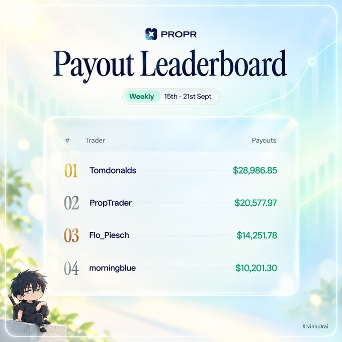 A 'Payout Leaderboard' graphic for PROPR showing weekly payouts from 15th-21st Sept, with Tomdonalds at #1 ($28,986.85), PropTrader at #2, Flo_Piesch at #3, and morningblue at #4.