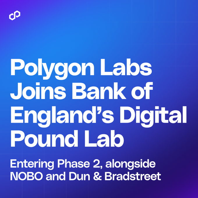 A blue gradient graphic announces "Polygon Labs Joins Bank of England's Digital Pound Lab" with a subtitle reading "Entering Phase 2, alongside NOBO and Dun & Bradstreet," featuring Polygon's hexagonal logo in the top-left corner. The image visually summarizes the announcement about Polygon Labs' participation in the Bank of England's digital currency initiative, highlighting its collaboration with NOBO and Dun & Bradstreet in the lab's second phase.