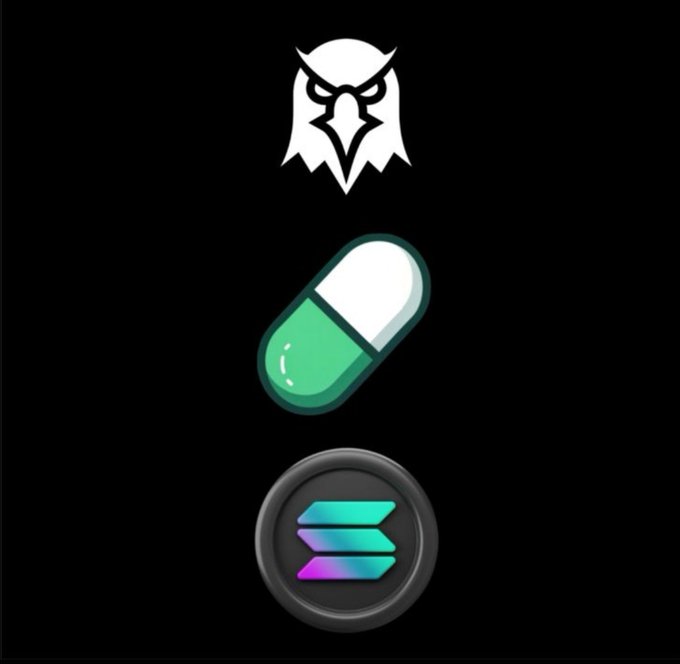 Black background graphic displaying three icons stacked vertically: a white hooded figure, a green and white capsule/pill, and the Solana (SOL) logo.