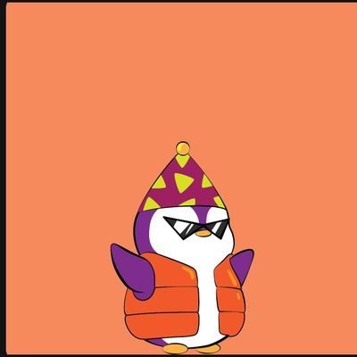 A cartoon illustration of a small penguin character wearing a colorful party hat and an orange puffer vest, standing against a solid orange background.