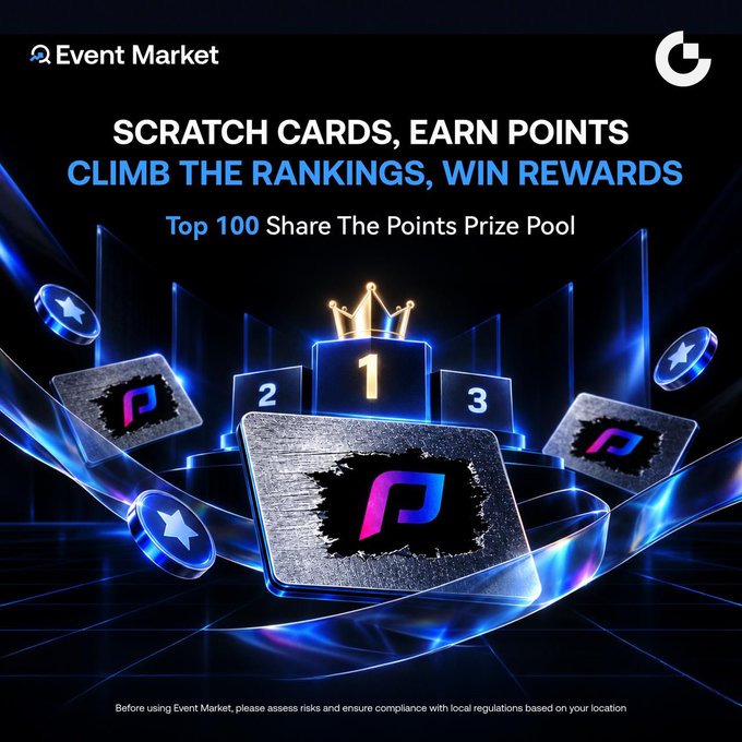 An Event Market promotional graphic with the headline 'SCRATCH CARDS, EARN POINTS, CLIMB THE RANKINGS, WIN REWARDS,' noting 'Top 100 Share The Points Prize Pool,' featuring a podium with a crown and metallic scratch cards.