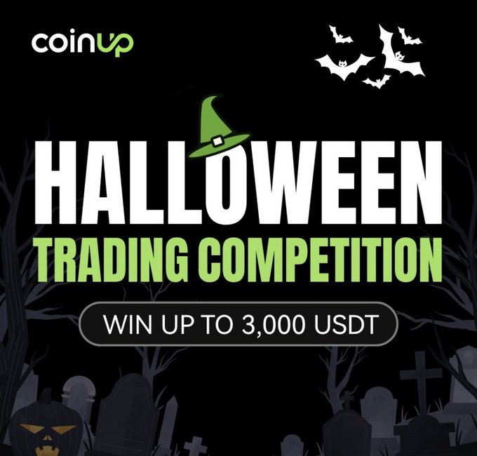 Promotional banner for a 'Halloween Trading Competition' on CoinUp exchange, offering a prize pool of up to 3,000 USDT, decorated with bats, a witch's hat, and a graveyard scene.