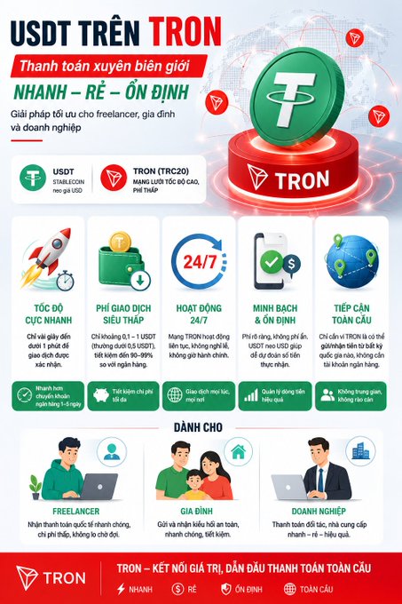 A Vietnamese promotional graphic for 'USDT TRÊN TRON' cryptocurrency platform, advertising cross-border payments that are fast, cheap, and stable, featuring the TRON logo.