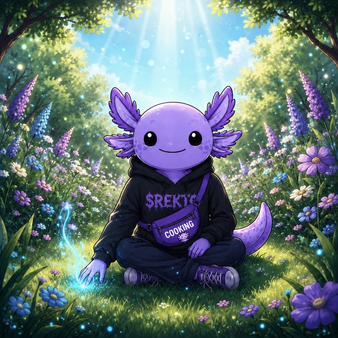 An illustration of a cute purple axolotl wearing a black "SREKIT" hoodie and a "COOKING" fanny pack, sitting in a vibrant, magical forest filled with glowing flowers and blue sparkles.